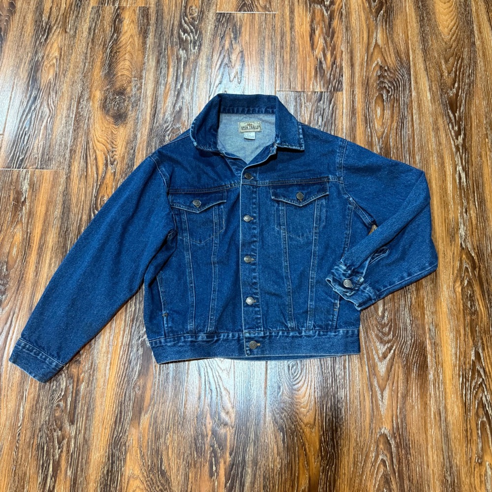 Open Trails Womens L Blue Denim Trucker Jacket Medium Wash Dog Patch 12/14